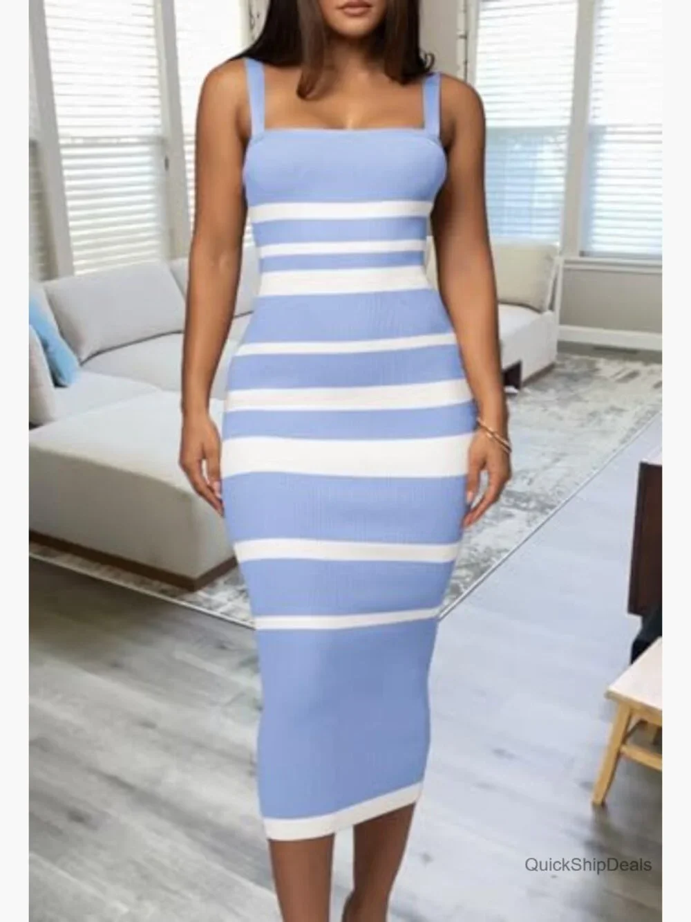 Sleeveless Striped Bodycon Midi Dress Square Neck Ribbed Knit - Picture 5 of 7